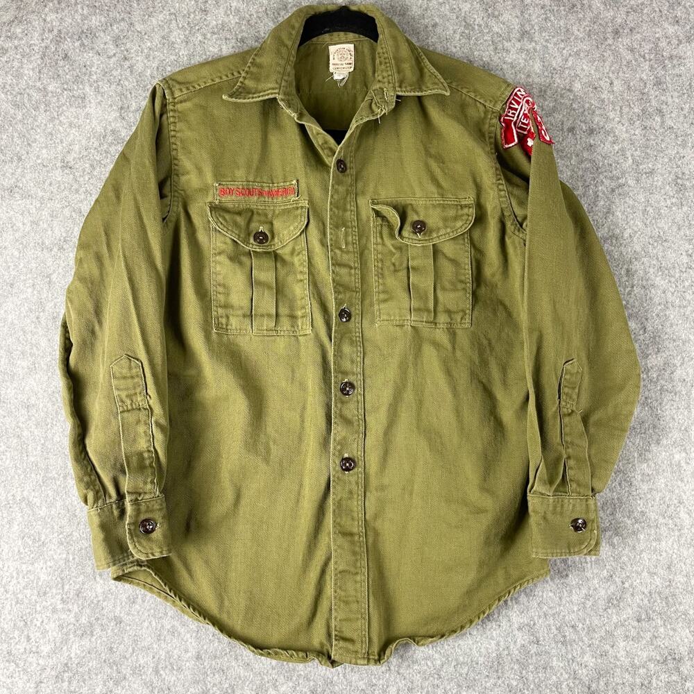 Vintage Boy Scout Uniform Shirt Green Sanforized Irving Texas Patch 60s